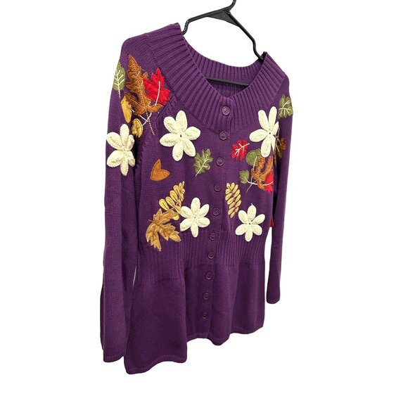 Classic Elements NWT Purple Embroidered Floral Leaf Cardigan Sweater Sz Large - Picture 3 of 9